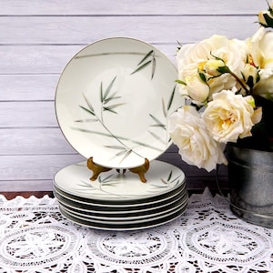 NORITAKE BAMBINA Plate, Single Salad Plate Replacement, Noritake Japan Bambina 5791 Plate 8&quot; Bamboo Pattern Platinum Trim, Easter