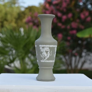 Vase Green Jasperware Style, Sage Green White Print Ladies Small Vase Bud Vase, Green Vase, Mid Century Decor