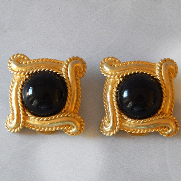 Big Square Earrings Clip-Ons, Elegant Chic Black & Gold Clip Earrings Oversized