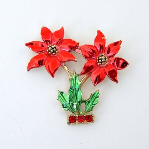 Red Poinsettia Pin Signed BJ Beatrix Co, Double Poinsettia Holly Brooch Enamel Rhinestone Christmas Pin, Vintage Christmas