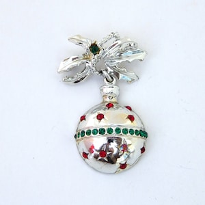 DODDS Ornament Pin Signed 11 W 30 ST, Silver Tone Christmas Pin Brooch Red Green Rhinestones, Christmas