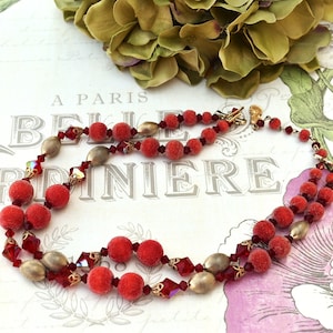 Red Necklace Sugar Beads Crystals, Fall Jewelry, Mid Century Red and Gold Bib Necklace Choker Two-Strand, Vintage
