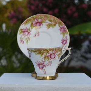 Rosina Floral Teacup, Fine Bone China England 4943 Tea Cup & Saucer, Gold Trim Tan Green Leaves Pink Flowers