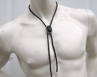 Western Bolo Tie Faux Black Onyx Cabochon Black Braided Leather Cord, Vintage