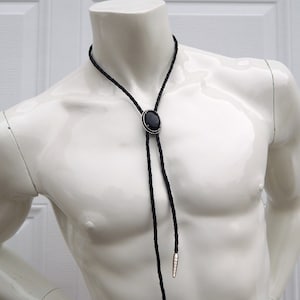Western Bolo Tie Faux Black Onyx Cabochon Black Braided Leather Cord, Vintage