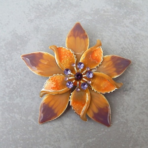 Enamel Flower Pin, Metal Flower Pin Beige Purple Rhinestones, Fall