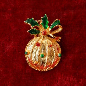 Christmas Ornament Pin, Enamel Holly Berries Ornament Christmas Pin Brooch, Christmas Jewelry Holidays