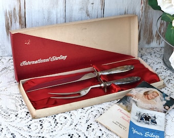 Vintage Carving Knife & Fork Set Sterling Silver INTERNATIONAL STERLING, Meat Roast Carving Knife and Fork Boxed Set PRELUDE, Wedding Gift