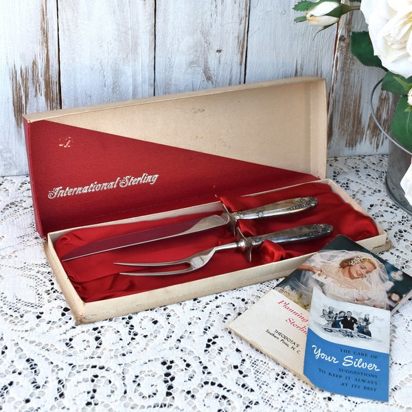 Vintage Carving Knife & Fork Set Sterling Silver INTERNATIONAL STERLING, Meat Roast Carving Knife and Fork Boxed Set PRELUDE, Wedding Gift