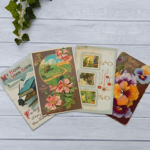 Antike Geburtstagspostkarte 4er-Set, Geburtstagsgrüße viktorianische Postkarten 1900's Blumen Bücher Gedichte Grüße, antike Ephemera