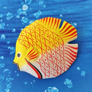 Tropical Fish Pin, Yellow Red Hand Painted Wooden Fish Pin, Figural Pin, Nautical Beach Ocean Jewelry, Summer Jewelry, Vintage