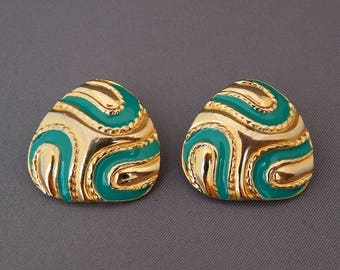 Vintage ALLISON REED Green and Gold Enamel Clip Earrings, Chic Earrings Swirl Triangles Enamel, Button Earrings, Estate Jewelry