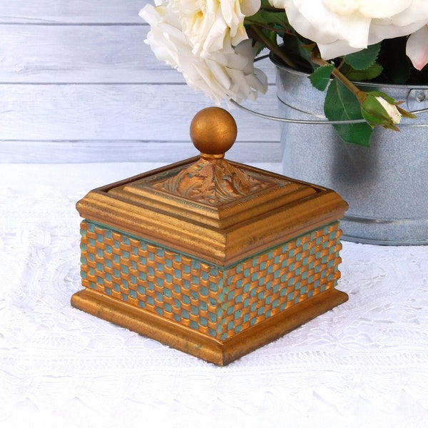 Gold Trinket Box Vintage Style, Decorative Box Gold Gray-Blue Accents, Square Jewelry Box with Lid Round Finial Elegant Hollywood Regency