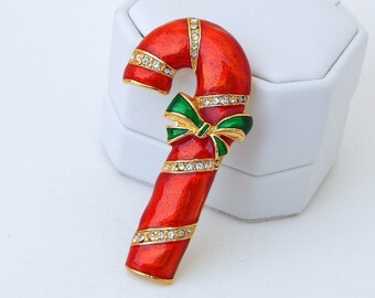 Pin de bastón de caramelo, pin grande de bastón de caramelo esmaltado con diamantes de imitación, pin navideño de bastón de caramelo rojo y verde con lazo, pin navideño vintage