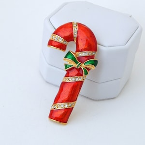 Candy Cane Pin, Rhinestone Enamel Big Candy Cane Pin, Red Green Candy Cane with Bow Christmas Pin, Vintage Christmas