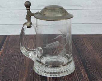 Glass Beer Stein Pewter Lid, German Beer Stein Etched Glass Leaves and Berries, Glass Tankard with Lid