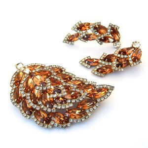 WEISS Braune Strass Pin & Ohrclips, Braune Strass Blatt Brosche und Ohrringe, Herbst