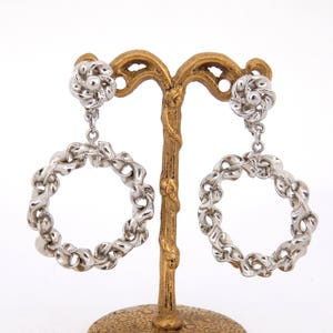 Dangle Hoop Earrings, Twisted Hoops Clip Earrings Silver Tone, Big Silver Hoop Clip-On Earrings Classic Midcentury