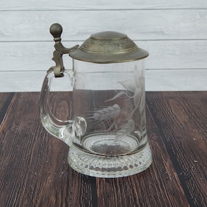 Glass Beer Stein Pewter Lid, German Beer Stein Etched Glass Leaves and Berries, Glass Tankard with Lid