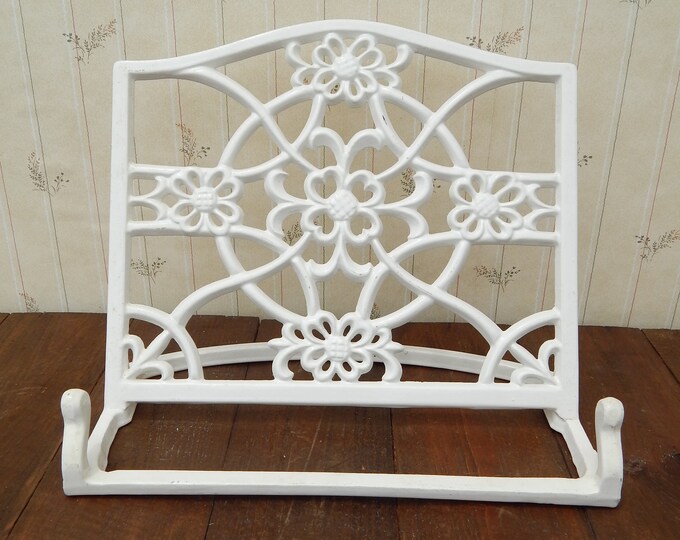 White Cast Iron Book Stand, Retro Scrolled White Wrought Iron Book