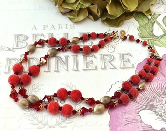 Red Necklace Sugar Beads Crystals, Fall Jewelry, Mid Century Red and Gold Bib Necklace Choker Two-Strand, Vintage