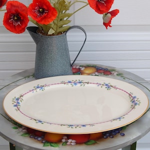 LENOX Belvidere Large Platter 16&quot;, Blue Flowers Pink Ribbon Cream Vintage Oval Platter LENOX USA, Oversized Turkey Platter, Thanksgiving