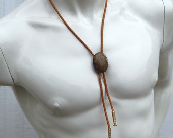 Western Bolo Tie Jasper Cabochon Brown Braided Leather Cord, Vintage