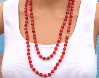 Vintage CORO Red Lucite Necklace, Mid Century Long Red Beaded Necklace, Mid Century Bib Necklace Signed Coro, Estate Jewelry