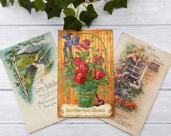 Antique Birthday Postcard Lot of 3, Victorian Postcards 1900's Tuck's Oilette Germany Embossed Postcard Birthday Flower Basket Roses Poems