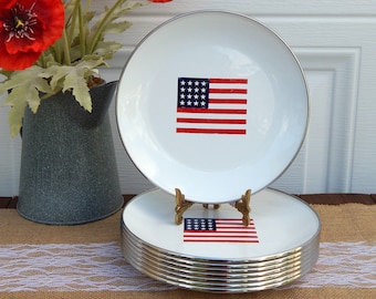 American Flag Plates POTTERY BARN Set of 4, Durable Enamel Steel Plates Dessert Plates Salad Plates, Summer BBQ, Fourth of July