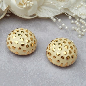 White Earrings ST. JOHN Clip-Ons White Enamel Gold Accents, Round Clip Earrings, Elegant Button Earrings, Vintage