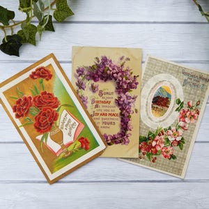 Antique Birthday Postcard Lot of 3, Victorian Postcards 1900&#39;s ZIM JJ Marks Germany Embossed Postcard Birthday Flowers Poems