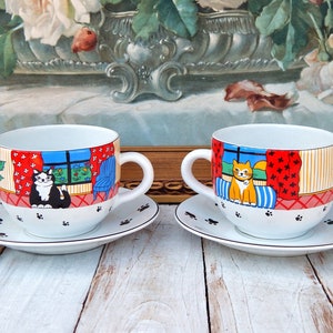 Cat Cups & Saucers Set of 2 A La Carte JC Penney Portugal, Large Oversized 20 oz Teacups Soup Mugs Colorful Cat Graphics, Couple's Gifts