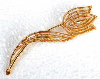 TRIFARI Tulip Pin, Oversized Gold Flower Brooch, Gold Tulip Pin, Vintage