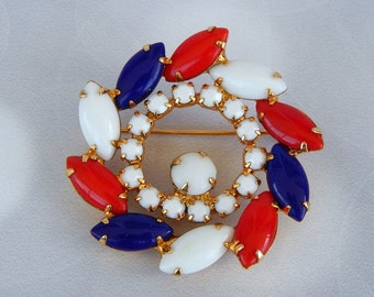 JULIANA Patriotic Pin, Red White Blue Rhinestone Wreath Brooch, Fourth of July USA Red White and Blue American Patriotic Pin