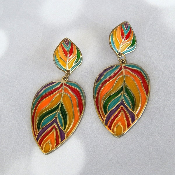 Plique a Jour Enamel Earrings, HUGE Enamel Rainbow Earrings, Runway Statement Earrings