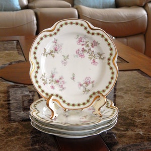 HAVILAND LIMOGES Plates Set of 4, Bread Plates 6.25&quot;, Limoges France Pink Blossoms Green Pink Flower Garland Gold Trim Scalloped Rim