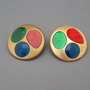 Round Enamel Earrings Clip-Ons, Red Blue Green Enamel Button Earrings Geometric Modern
