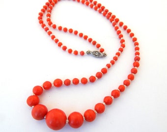 Vintage Coral Red Celluloid Necklace 10K Filigree Clasp, Faux Coral Celluloid Necklace Graduated Beads Single Strand, Early Plastic Necklace