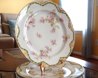 May include: A stack of white porcelain plates with a floral design. Each plate features pink flowers and green leaves, with a gold and green trim. The plates are displayed on a decorative stand.