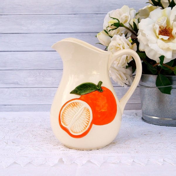 Orange Juice Pitcher OTAGIRI Japan, Vintage White Pitcher with Oranges, Mid Century Decor, Farmhouse Country Kitchen