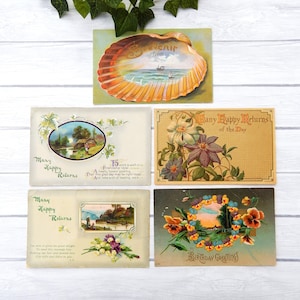 Antique Birthday Greetings Postcard Lot of 5, WWI Era Postcards Seashell Sailboat Souvenir Flowers Vignets Poems Greetings, Antique Ephemera