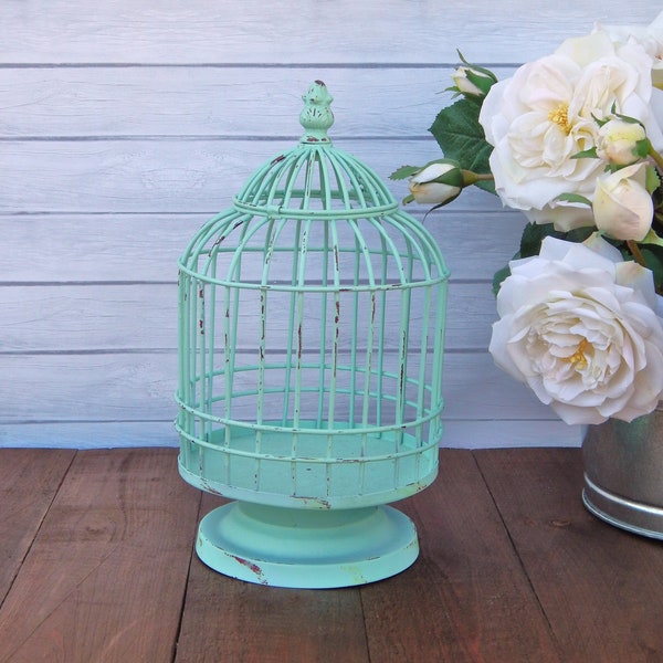 Round Teal Birdcage Distressed Shabby Rustic, Blue Teal Bird Cage, Metal Decorative Footed Birdcage Hinged Dome, Cottage Chic Provincial