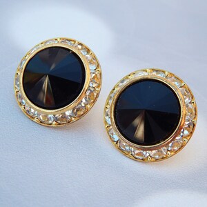 Black Rivoli Earrings Clear Crystals Gold Tone, Round Earrings Black Rivoli Crystals Rhinestones