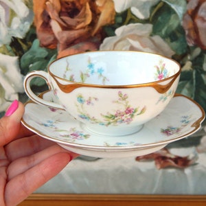 Tea Cup LIMOGES FRANCE Haviland, Antique Teacup and Saucer Pink Blue Flowers Gold Gilt, Collectible Fine China Cabinet Cup