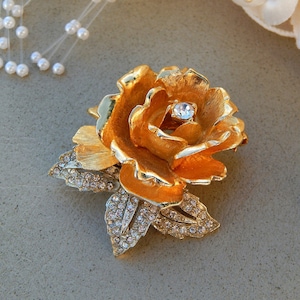 Vintage Rose Pin, Rhinestone Pave Detailed Dimensional Rose Brooch Gold and Silver Tone, Flower Brooch