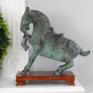 Bronze Horse Statue on Wood Base, Vintage Asian Horse Statue, Chinoiserie Bronze Horse