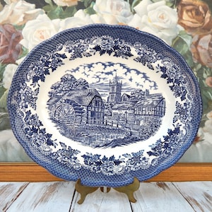 Chinoiserie Platter RAVENSDALE POTTERY England, 12&quot; Platter White and Blue Transferware River Mill Castle, Vintage