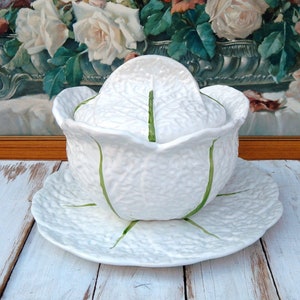Ceramic Cabbage Tureen with Underplate PORTUGAL, Vintage Collectible Majolica Cabbage Set, White Cabbage Centerpiece