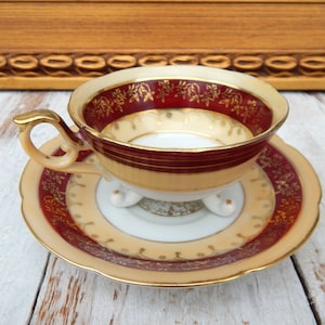 Antique Demitasse Tea Cup Saucer FERN China Japan, Footed Cup Hand-Painted Red Gold, Vintage Cabinet Cup